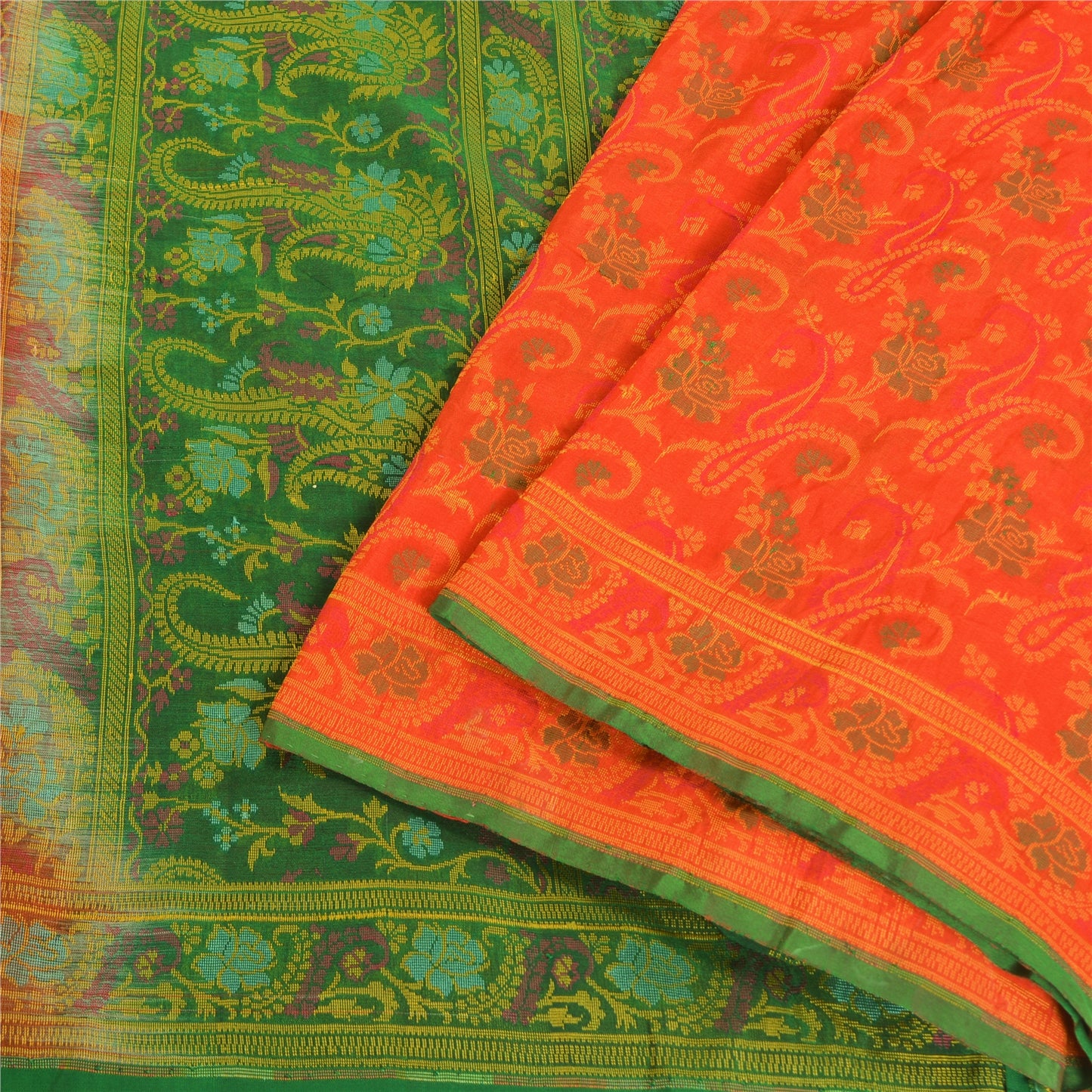 Sanskriti Vintage Green/Orange Indian Sarees Pure Silk Woven Premium Sari Sustainable Fabric