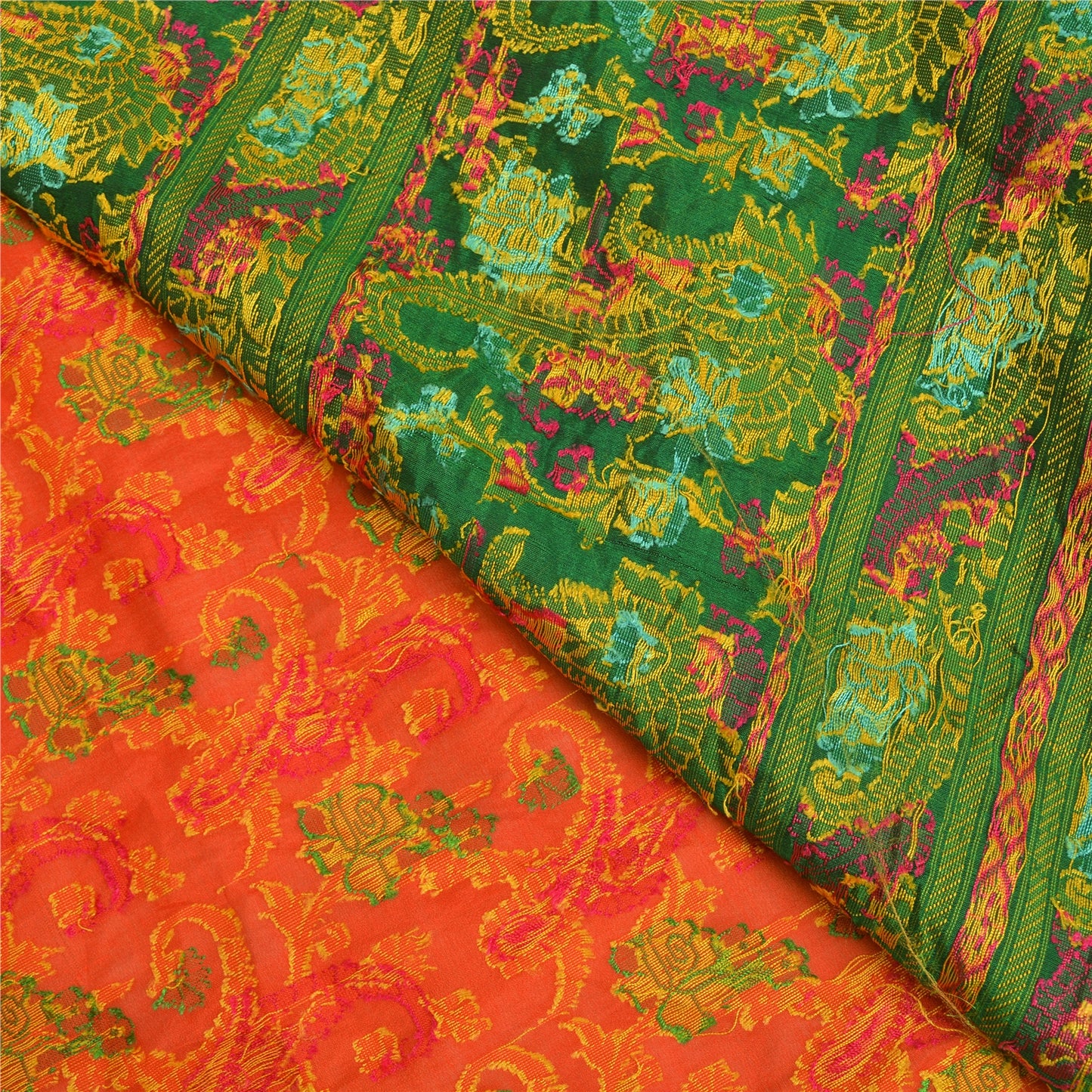 Sanskriti Vintage Green/Orange Indian Sarees Pure Silk Woven Premium Sari Sustainable Fabric
