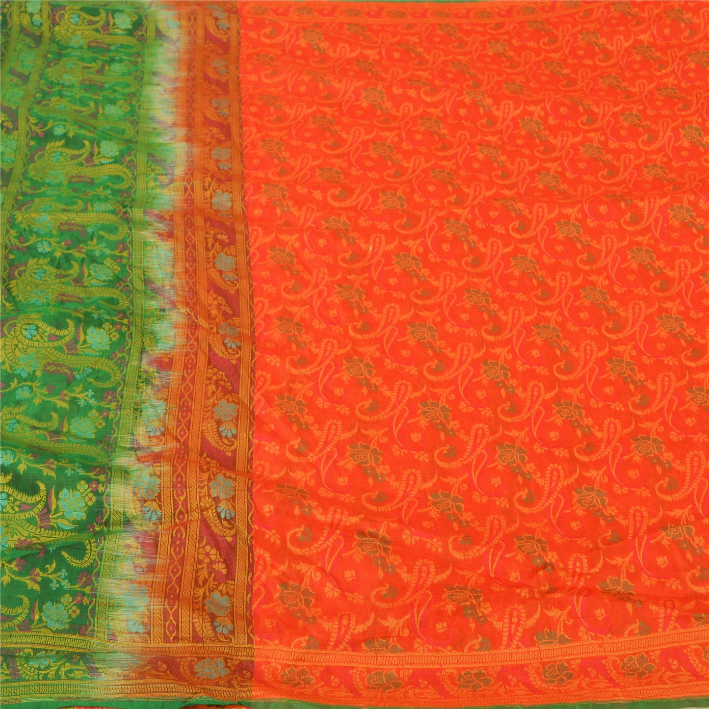 Sanskriti Vintage Green/Orange Indian Sarees Pure Silk Woven Premium Sari Sustainable Fabric