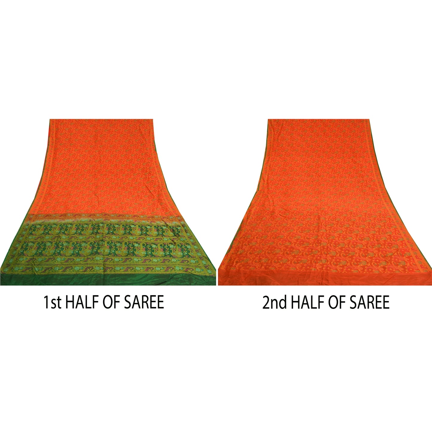 Sanskriti Vintage Green/Orange Indian Sarees Pure Silk Woven Premium Sari Sustainable Fabric