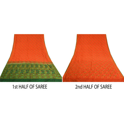 Sanskriti Vintage Green/Orange Indian Sarees Pure Silk Woven Premium Sari Sustainable Fabric