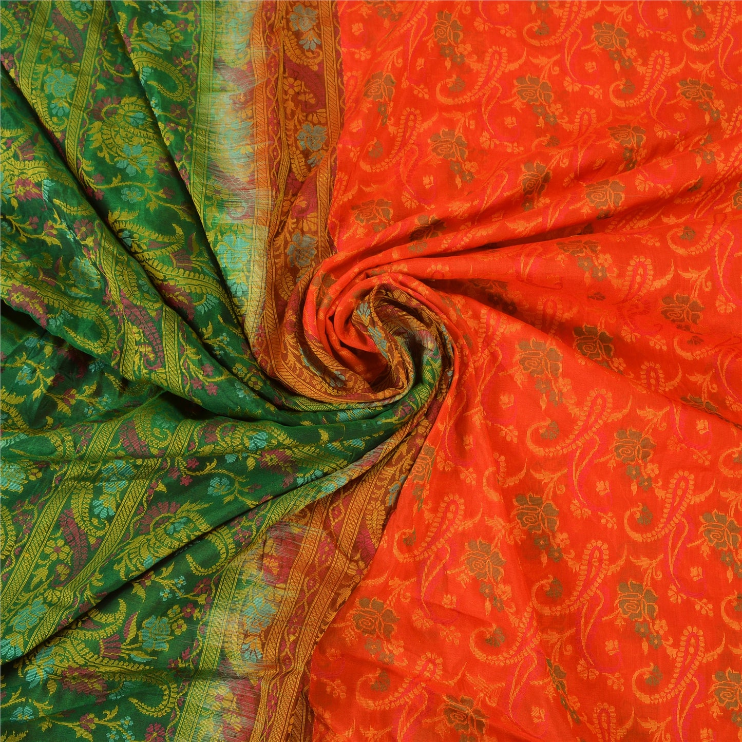 Sanskriti Vintage Green/Orange Indian Sarees Pure Silk Woven Premium Sari Sustainable Fabric