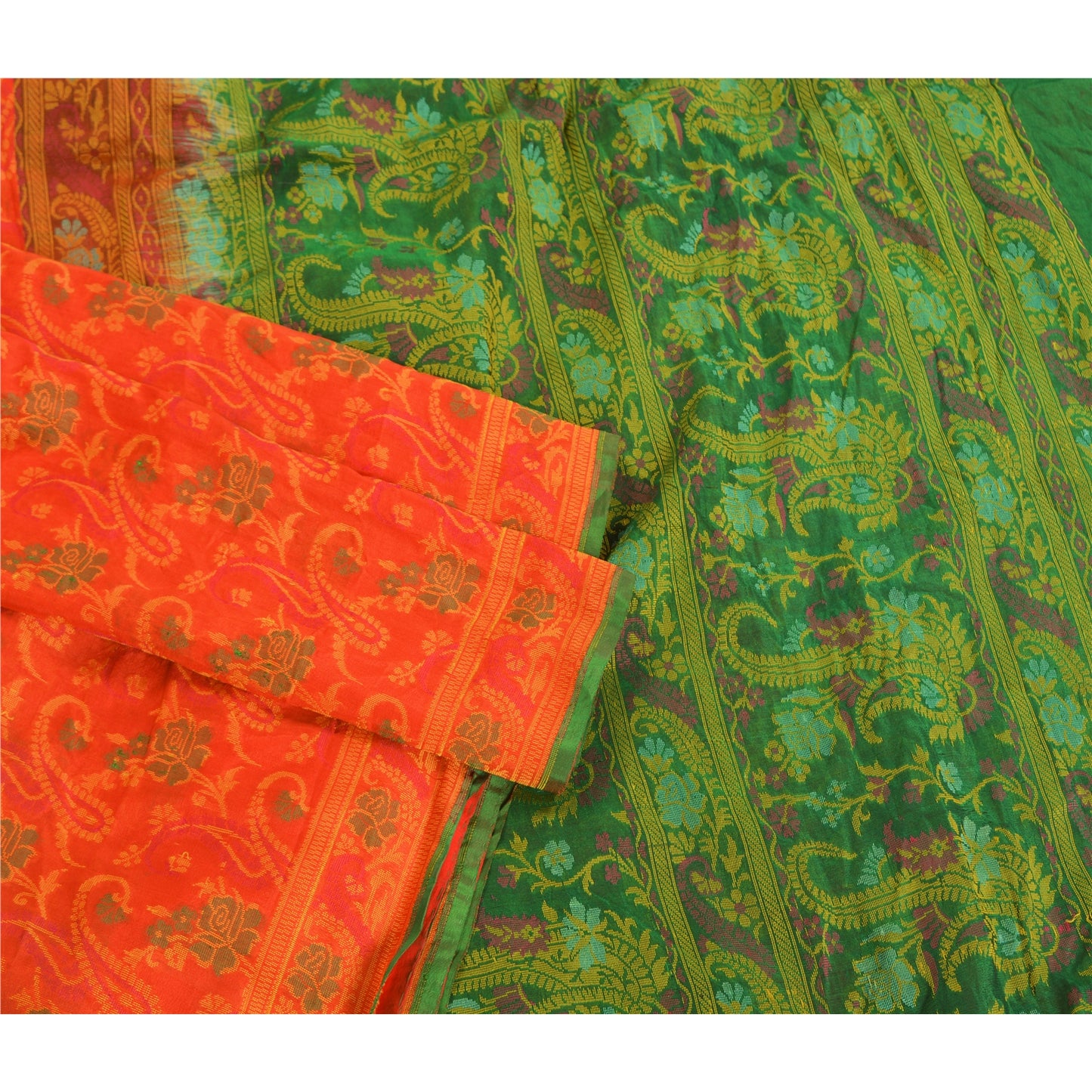 Sanskriti Vintage Green/Orange Indian Sarees Pure Silk Woven Premium Sari Sustainable Fabric