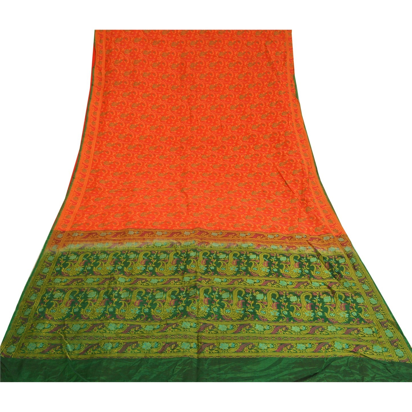 Sanskriti Vintage Green/Orange Indian Sarees Pure Silk Woven Premium Sari Sustainable Fabric