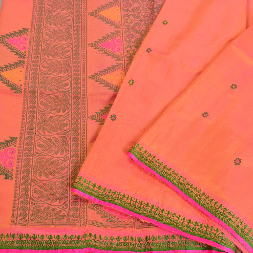Санскритские винтажные персиковые сари 100% чистый шелк тканый премиальный сари ремесло устойчивая ткань