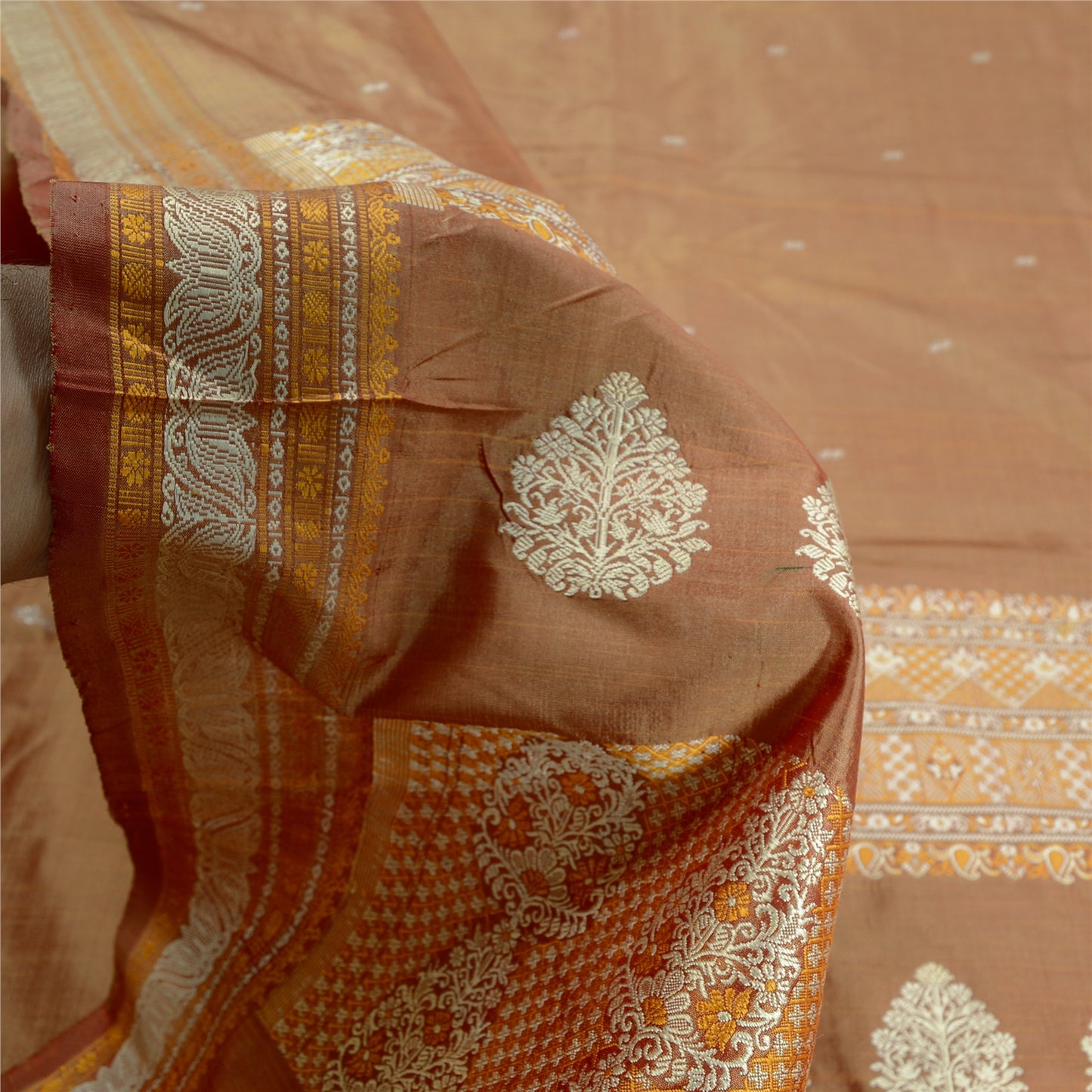 Санскритские винтажные коричневые сари 100% чистый шелк тканый премиальный сари ремесло устойчивая ткань