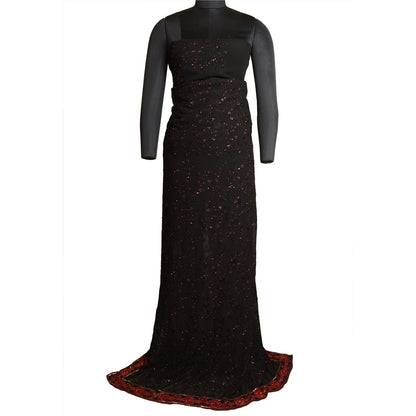 Sanskriti Vintage Bollywood Sarees Pure Georgette Black Hand Beaded Sari Sustainable Fabric