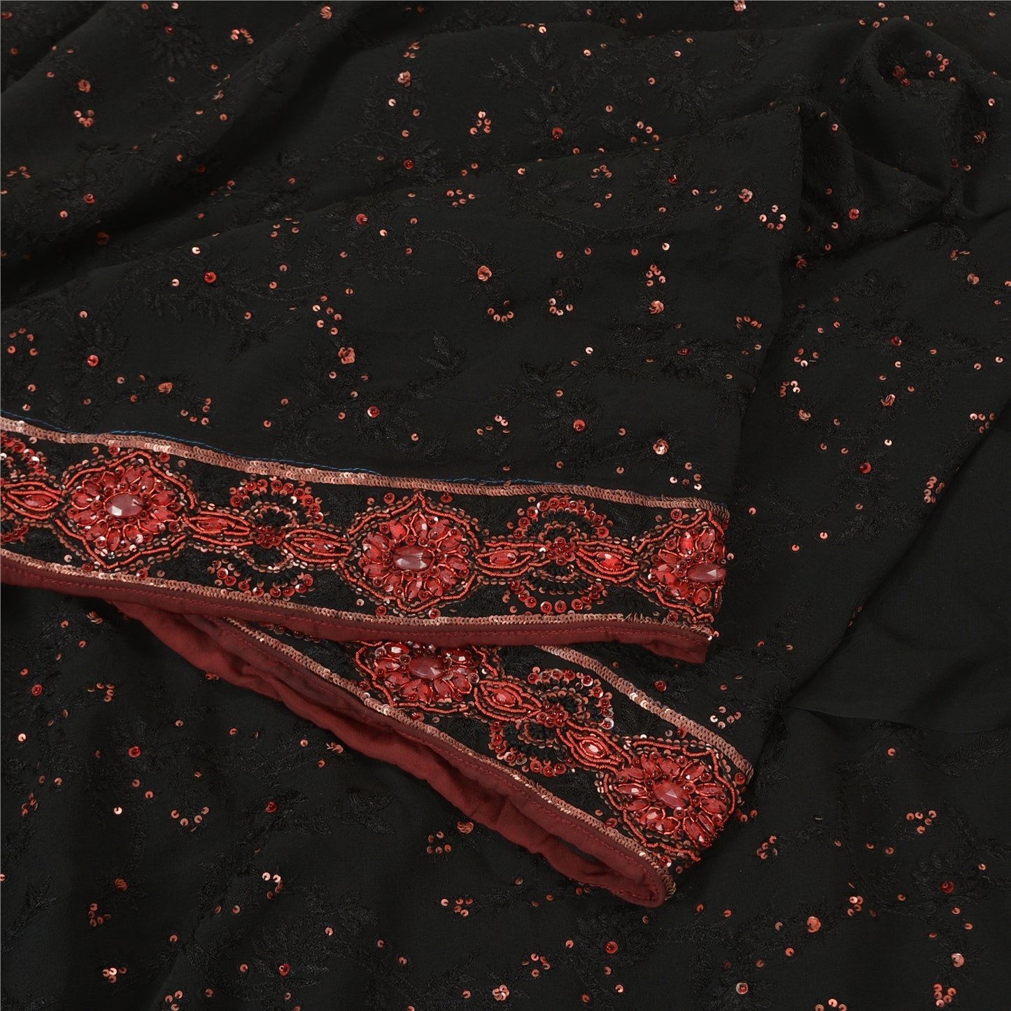 Sanskriti Vintage Bollywood Sarees Pure Georgette Black Hand Beaded Sari Sustainable Fabric