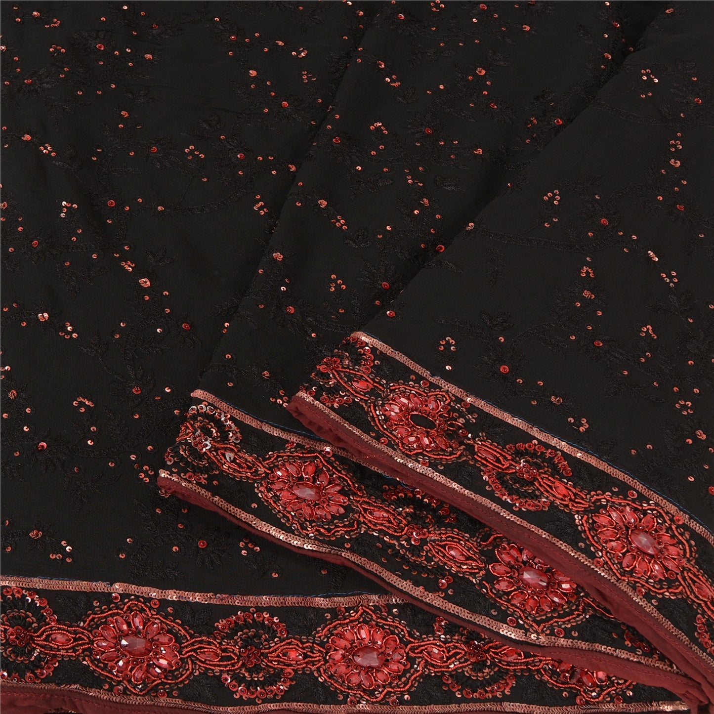 Sanskriti Vintage Bollywood Sarees Pure Georgette Black Hand Beaded Sari Sustainable Fabric