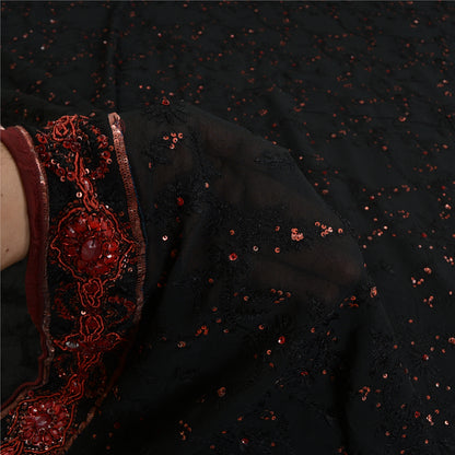 Sanskriti Vintage Bollywood Sarees Pure Georgette Black Hand Beaded Sari Sustainable Fabric