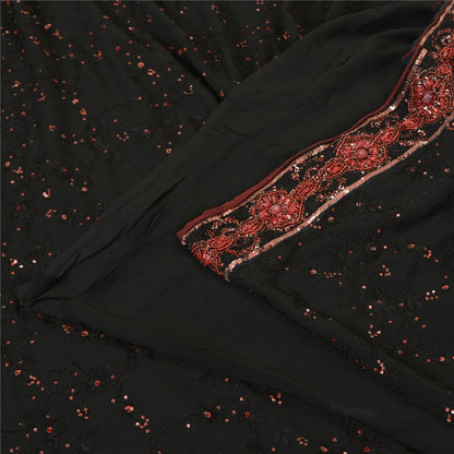 Sanskriti Vintage Bollywood Sarees Pure Georgette Black Hand Beaded Sari Sustainable Fabric