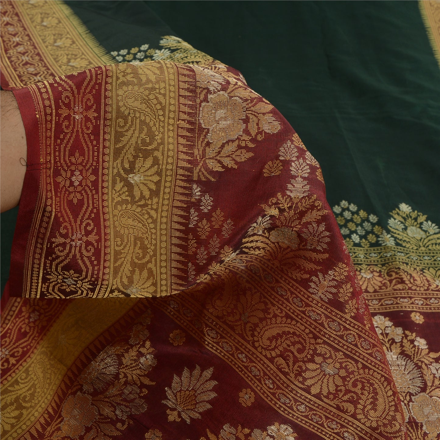 Sanskriti Vintage Dybgrønne Sarier Ren Silke Vævet Premium Sari Håndværk Bæredygtigt Stoff