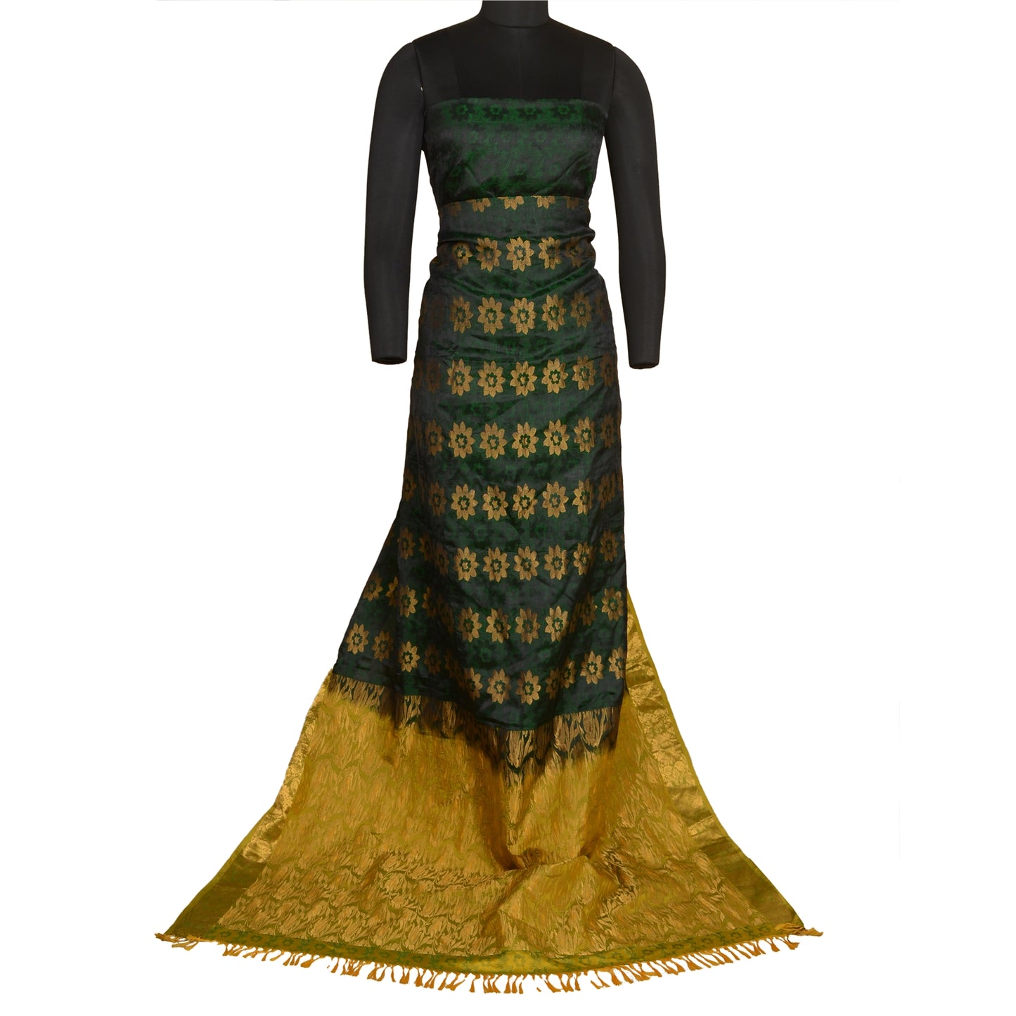 Sanskriti Vintage Green Sarees Pure Silk Woven Brocade/Banarasi Sari Sustainable Fabric