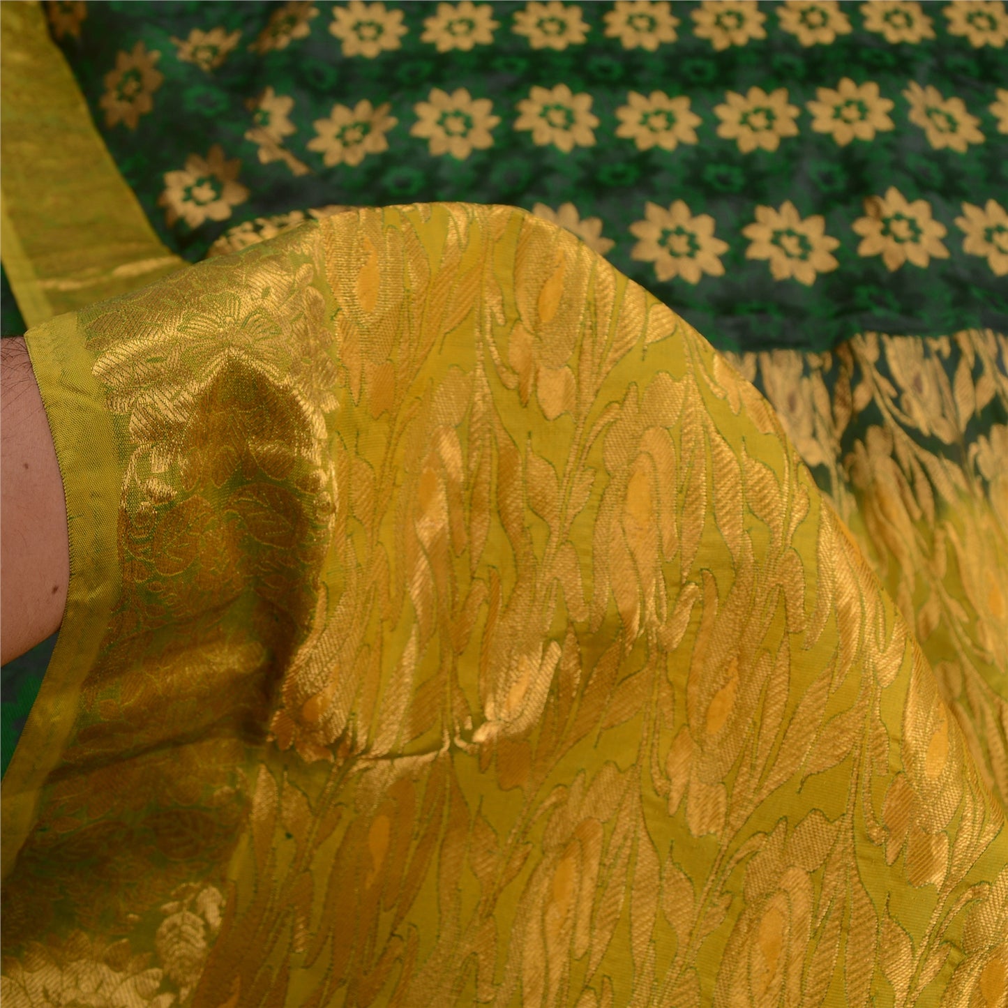 Sanskriti Vintage Green Sarees Pure Silk Woven Brocade/Banarasi Sari Sustainable Fabric