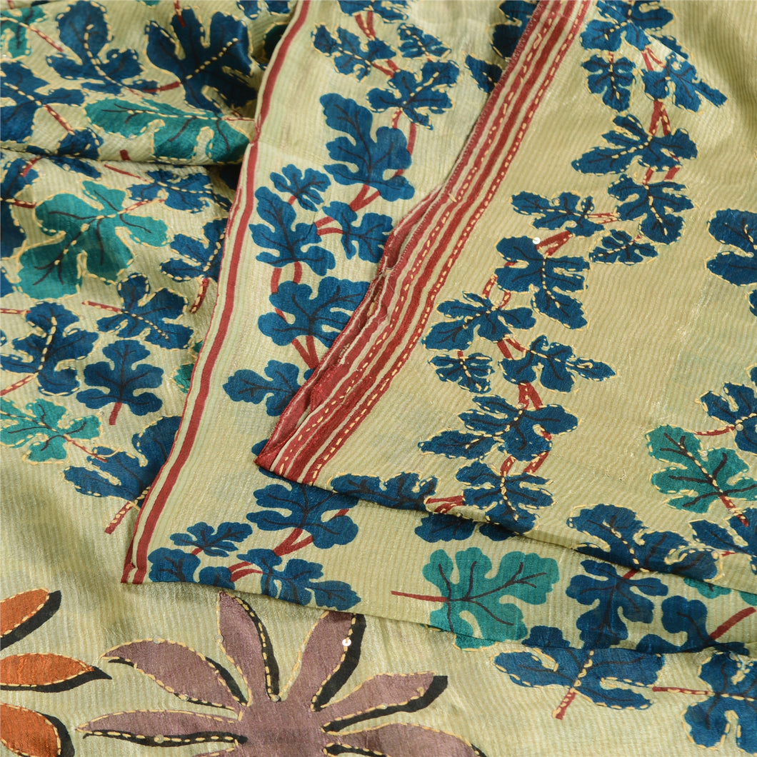 Sanskriti Vintage Ivory Sarees 100% Pure Silk Hand Beaded Kantha Sari Fabric