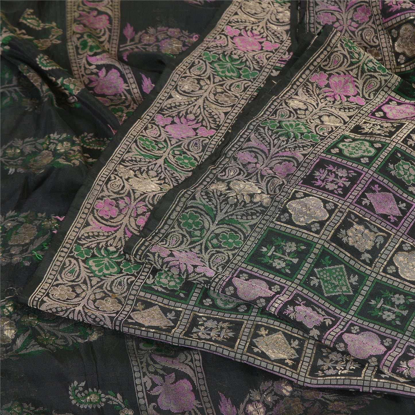 Sanskriti Vintage Greyish Black Sarees Pure Silk Woven Banarasi Sari Sustainable Fabric