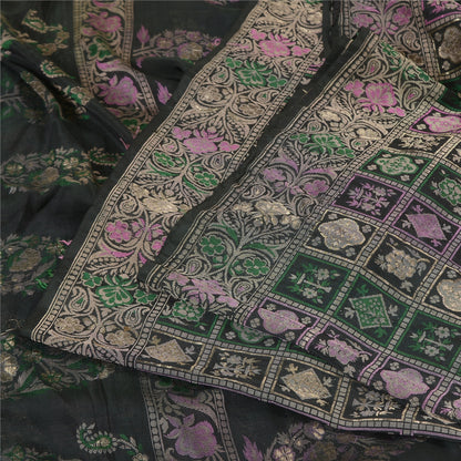 Sanskriti Vintage Greyish Black Sarees Pure Silk Woven Banarasi Sari Sustainable Fabric