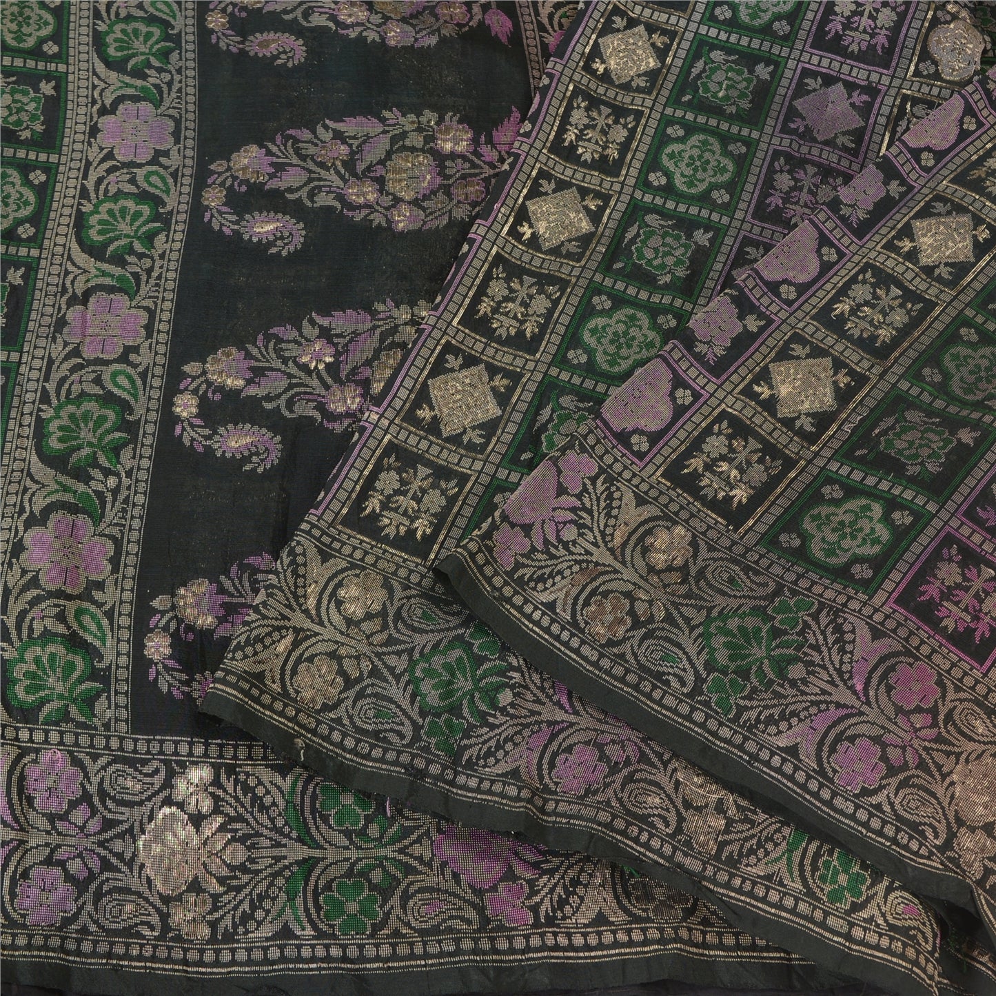 Sanskriti Vintage Greyish Black Sarees Pure Silk Woven Banarasi Sari Sustainable Fabric