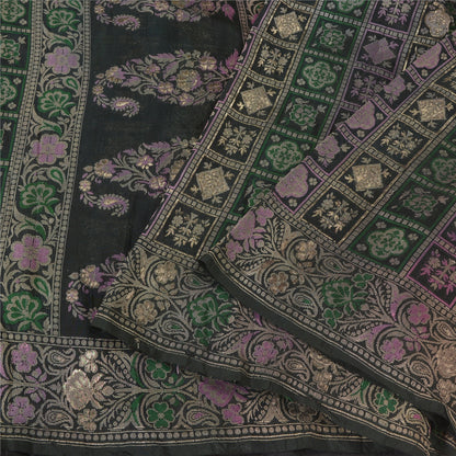 Sanskriti Vintage Greyish Black Sarees Pure Silk Woven Banarasi Sari Sustainable Fabric