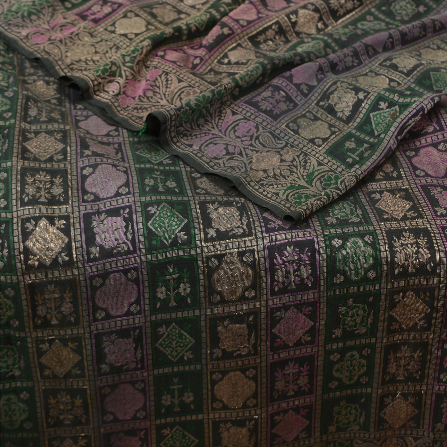 Sanskriti Vintage Greyish Black Sarees Pure Silk Woven Banarasi Sari Sustainable Fabric