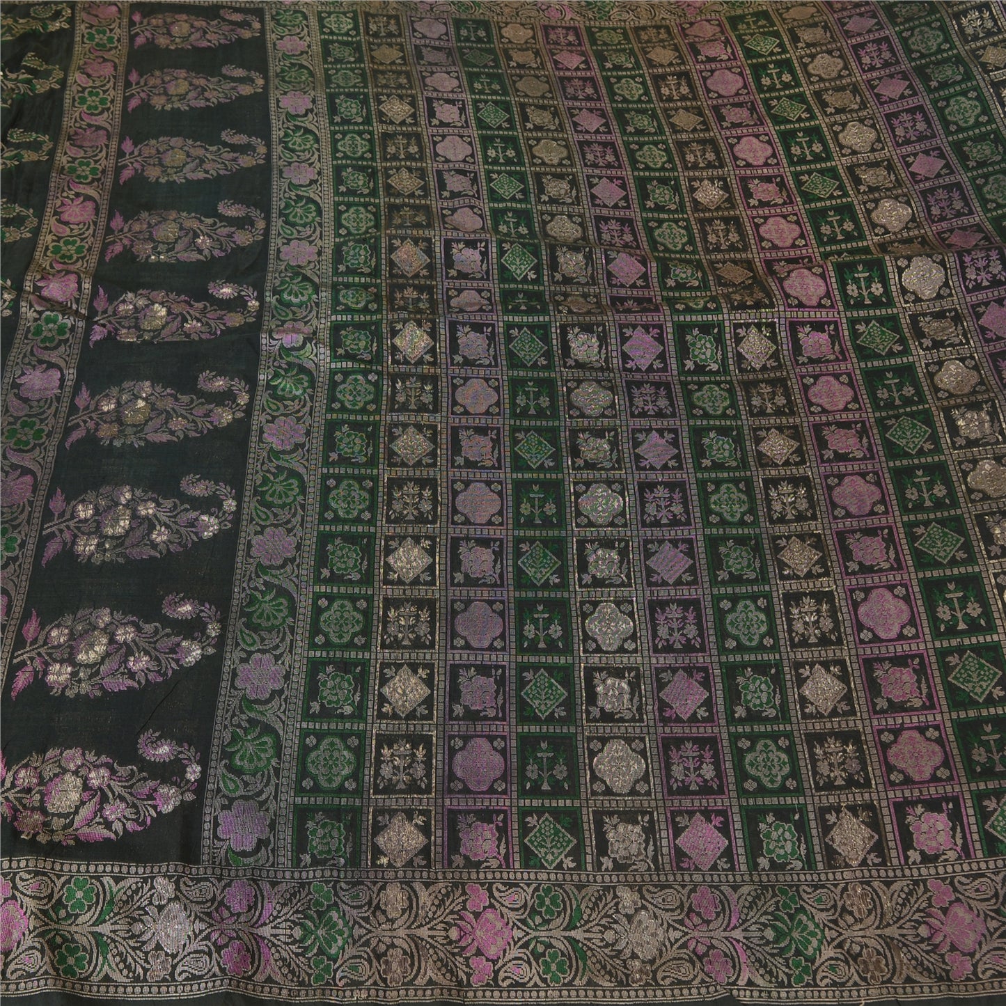 Sanskriti Vintage Greyish Black Sarees Pure Silk Woven Banarasi Sari Sustainable Fabric