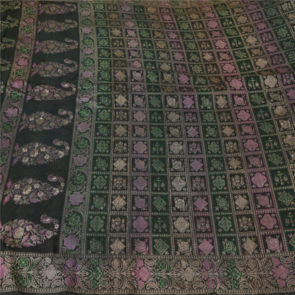 Sanskriti Vintage Greyish Black Sarees Pure Silk Woven Banarasi Sari Sustainable Fabric