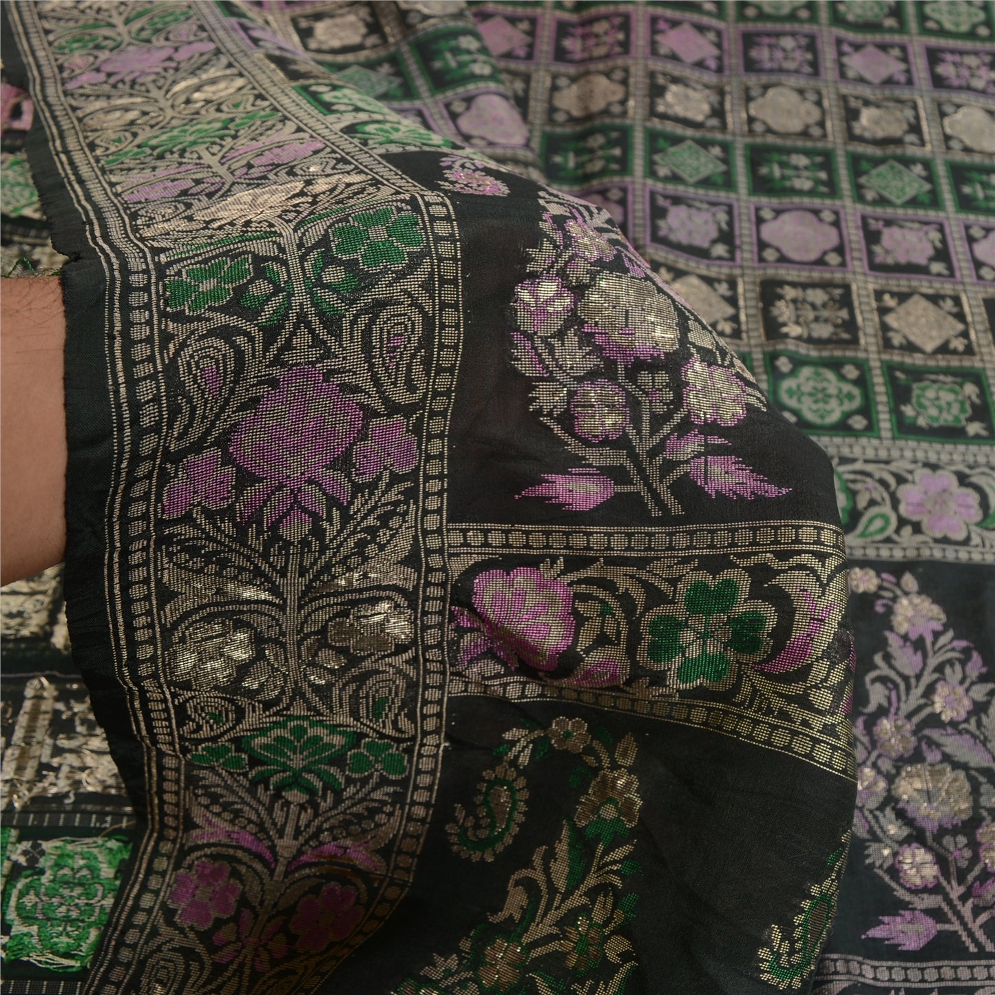 Sanskriti Vintage Greyish Black Sarees Pure Silk Woven Banarasi Sari Sustainable Fabric