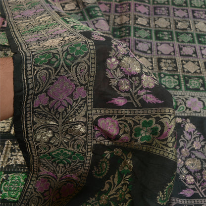 Sanskriti Vintage Greyish Black Sarees Pure Silk Woven Banarasi Sari Sustainable Fabric