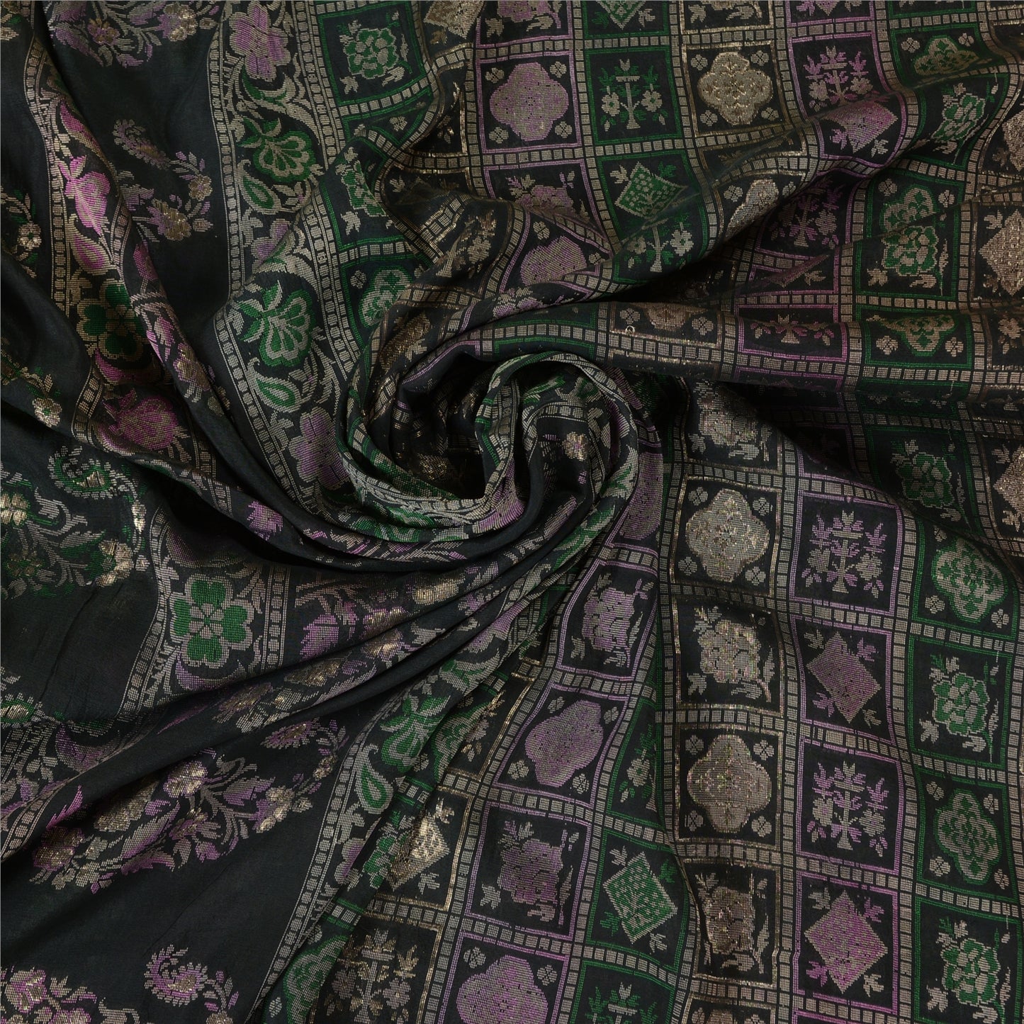 Sanskriti Vintage Greyish Black Sarees Pure Silk Woven Banarasi Sari Sustainable Fabric