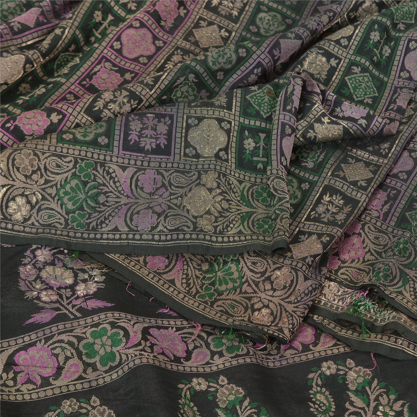 Sanskriti Vintage Greyish Black Sarees Pure Silk Woven Banarasi Sari Sustainable Fabric