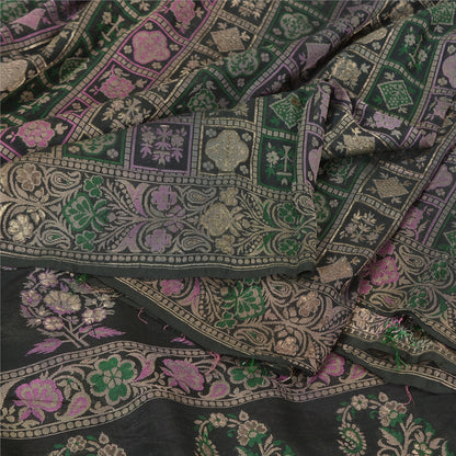 Sanskriti Vintage Greyish Black Sarees Pure Silk Woven Banarasi Sari Sustainable Fabric
