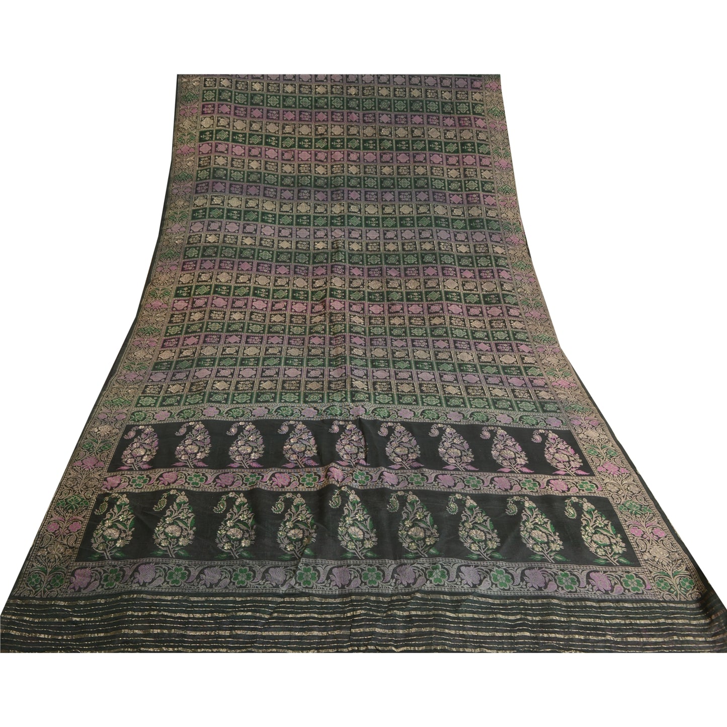 Sanskriti Vintage Greyish Black Sarees Pure Silk Woven Banarasi Sari Sustainable Fabric