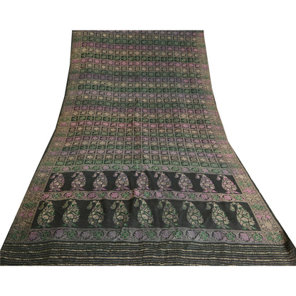Sanskriti Vintage Greyish Black Sarees Pure Silk Woven Banarasi Sari Sustainable Fabric