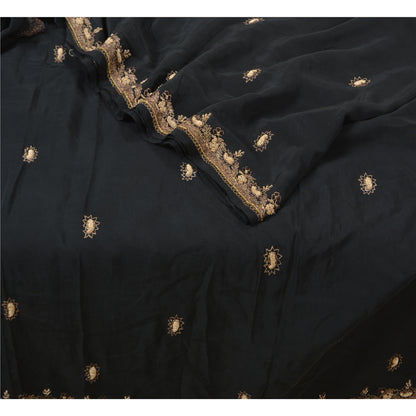 Санскритские винтажные черные сари из чистого крепированного шелка, расшитые вручную бисером, премиальная ткань для сари из экологически чистой ткани