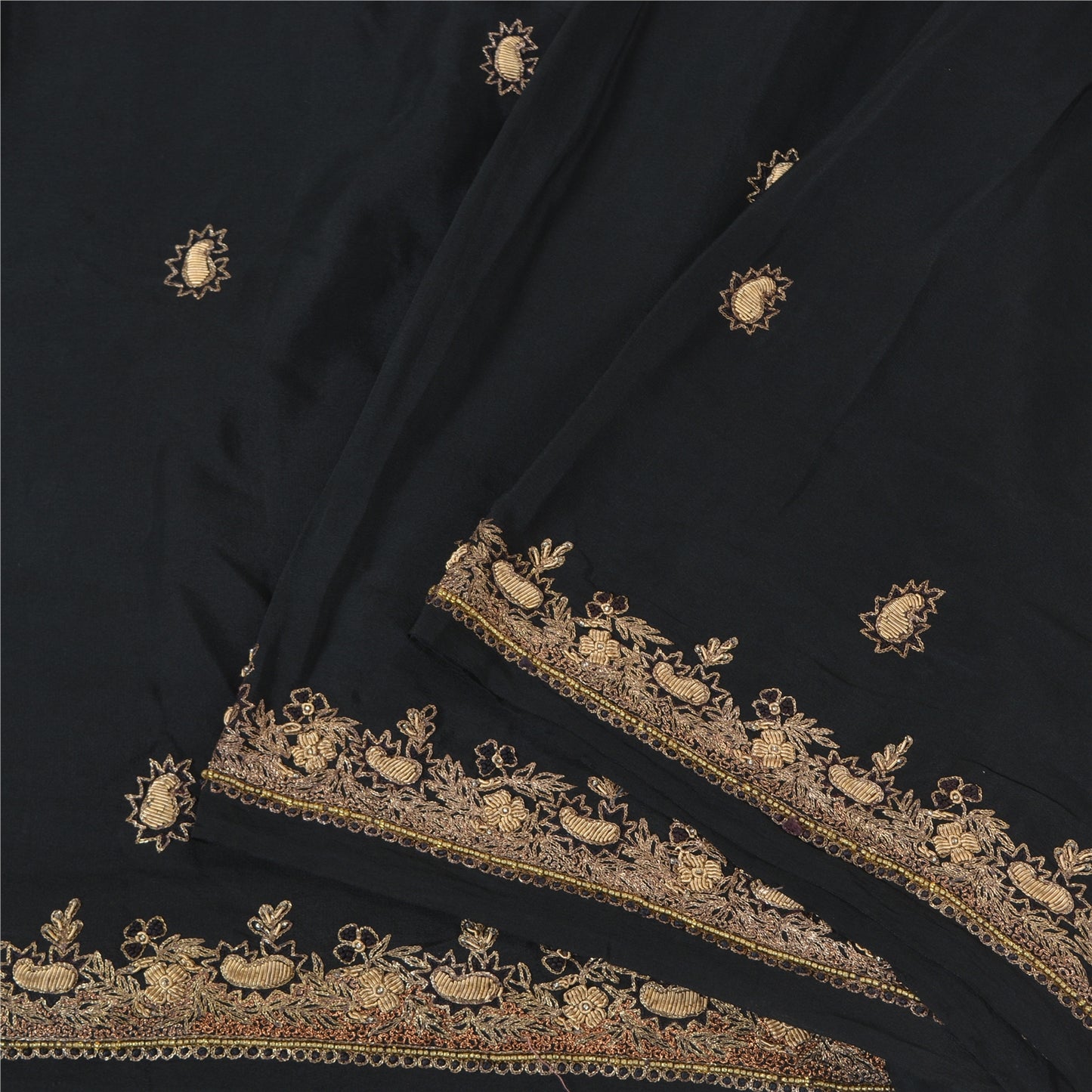 Санскритские винтажные черные сари из чистого крепированного шелка, расшитые вручную бисером, премиальная ткань для сари из экологически чистой ткани