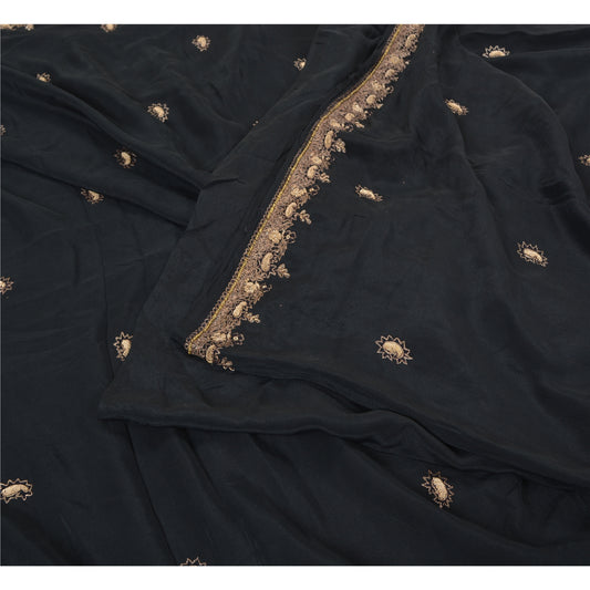 Sanskriti Vintage Black Sarees Pure Crepe Silk Hand Beaded Premium Sari Sustainable Fabric