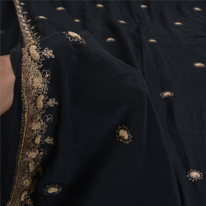 Санскритские винтажные черные сари из чистого крепированного шелка, расшитые вручную бисером, премиальная ткань для сари из экологически чистой ткани