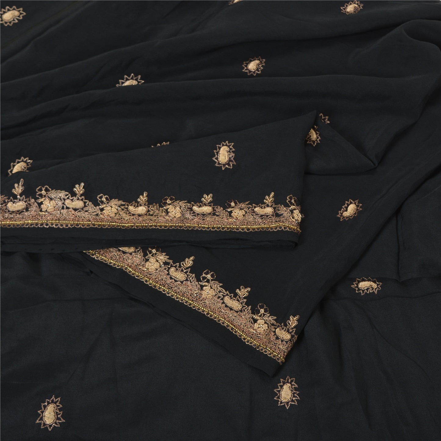 Санскритские винтажные черные сари из чистого крепированного шелка, расшитые вручную бисером, премиальная ткань для сари из экологически чистой ткани