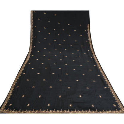 Санскритские винтажные черные сари из чистого крепированного шелка, расшитые вручную бисером, премиальная ткань для сари из экологически чистой ткани