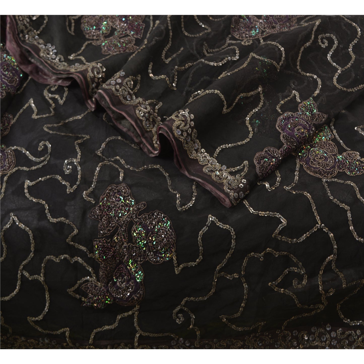 Sanskriti Vintage Black Sarees Net Mesh Hand Beaded Ethnic Sari Craft Sustainable Fabric