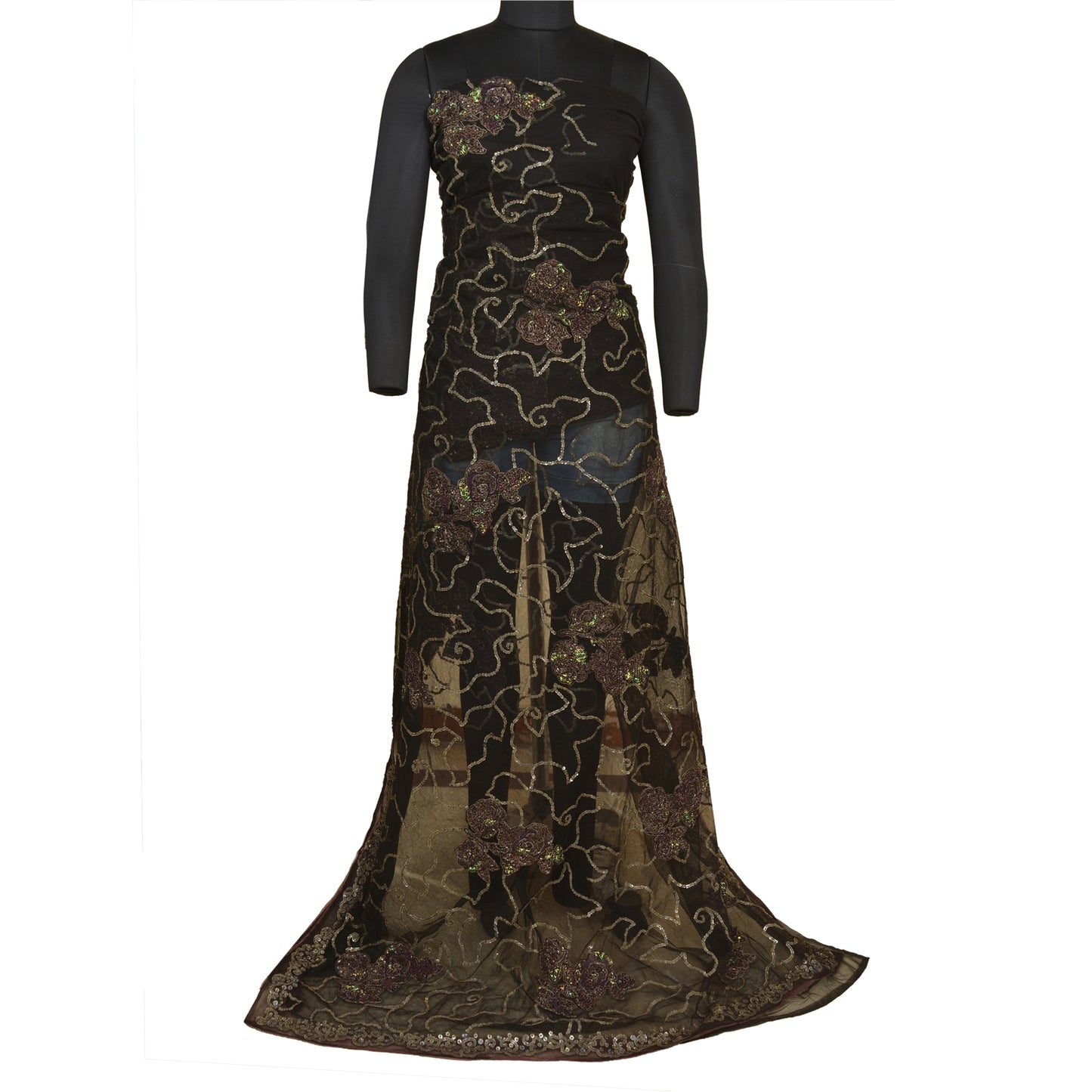 Sanskriti Vintage Black Sarees Net Mesh Hand Beaded Ethnic Sari Craft Sustainable Fabric