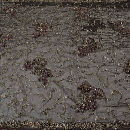 Sanskriti Vintage Black Sarees Net Mesh Hand Beaded Ethnic Sari Craft Sustainable Fabric