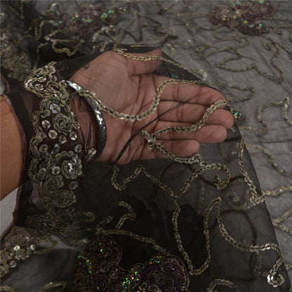 Sanskriti Vintage Black Sarees Net Mesh Hand Beaded Ethnic Sari Craft Sustainable Fabric