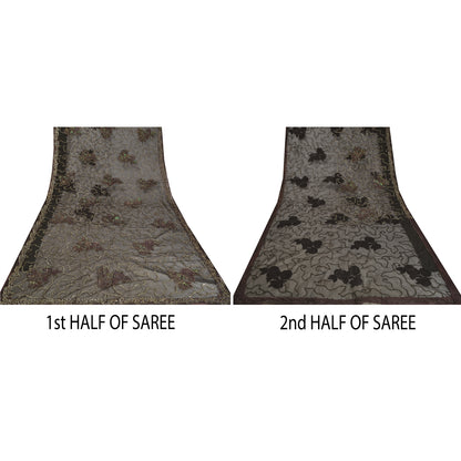 Sanskriti Vintage Black Sarees Net Mesh Hand Beaded Ethnic Sari Craft Sustainable Fabric