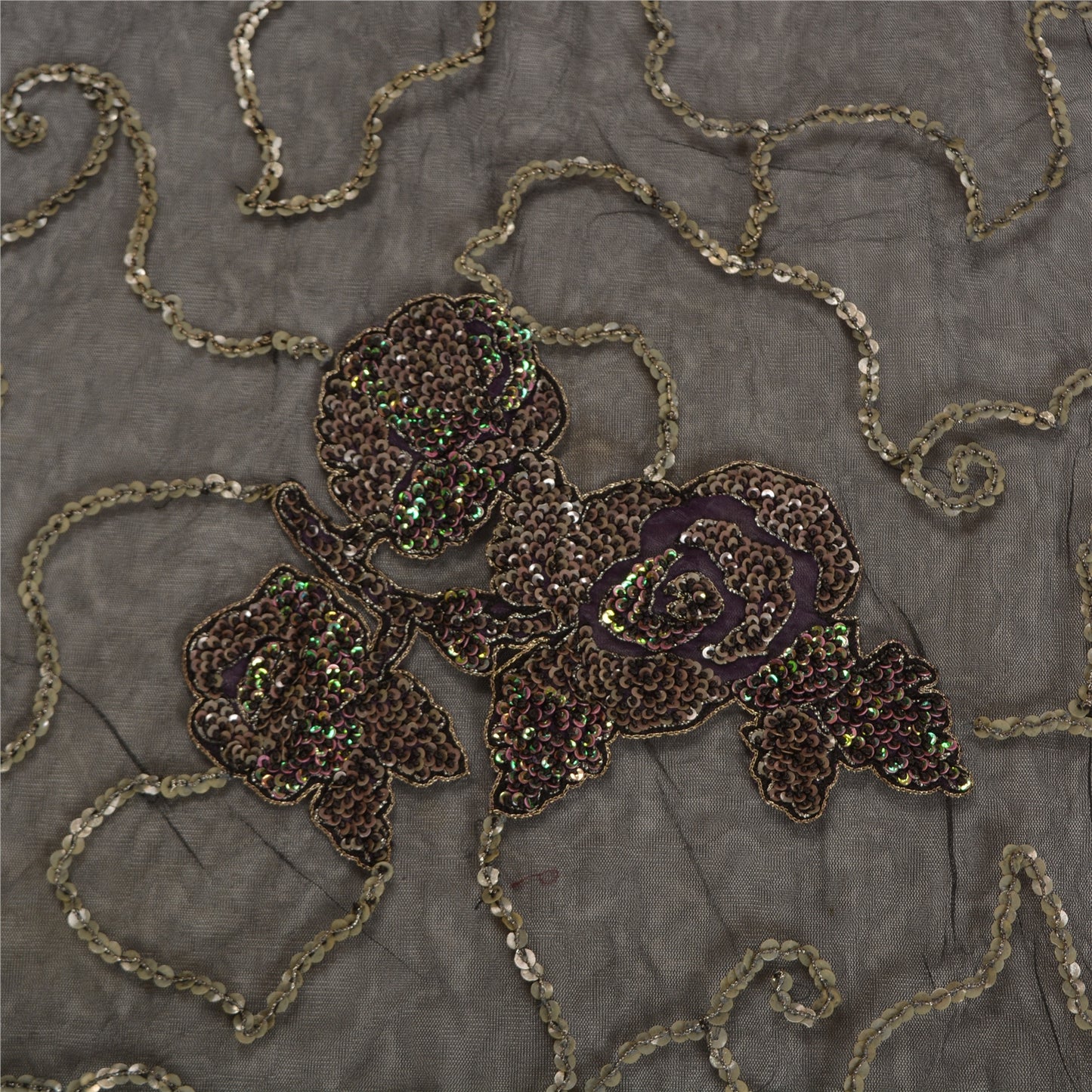 Sanskriti Vintage Black Sarees Net Mesh Hand Beaded Ethnic Sari Craft Sustainable Fabric