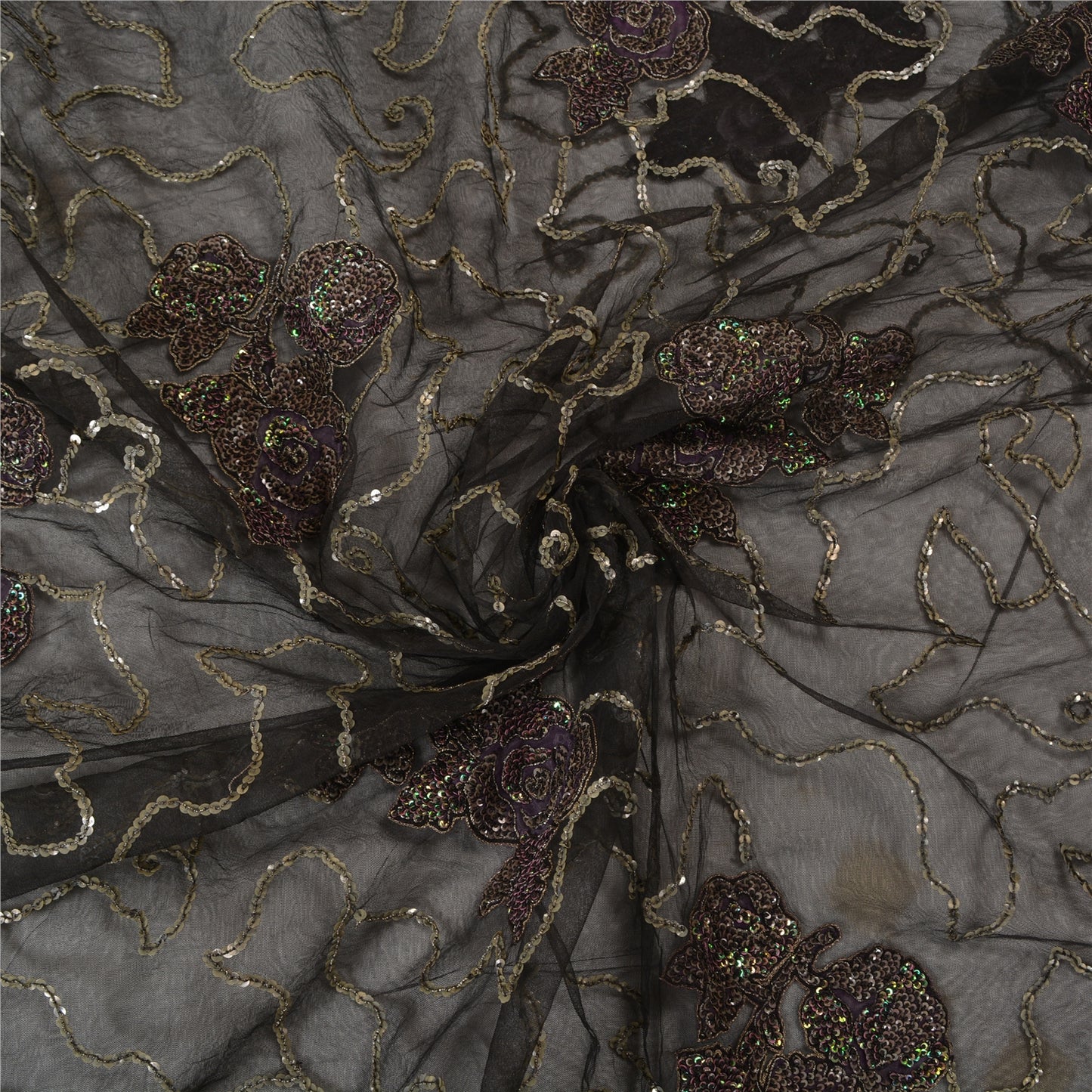 Sanskriti Vintage Black Sarees Net Mesh Hand Beaded Ethnic Sari Craft Sustainable Fabric