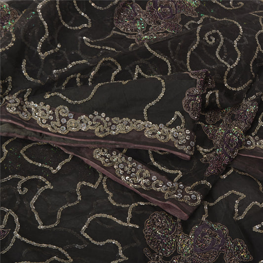 Санскритские винтажные черные сари сетка ручной работы из бисера этническое сари ремесло устойчивая ткань