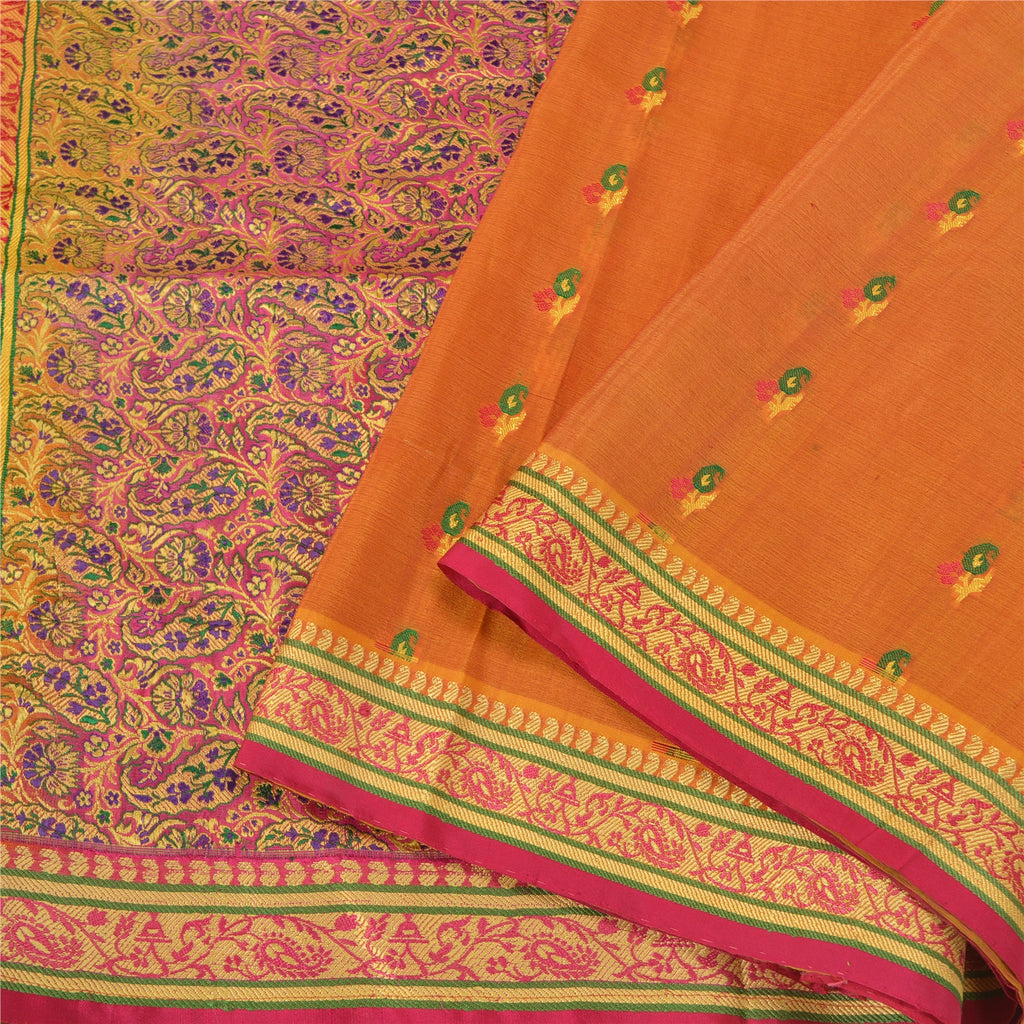 Sanskriti Vintage Saffron/Pink Sarees Pure Silk Woven Premium Sari 5 Yard Sustainable Fabric