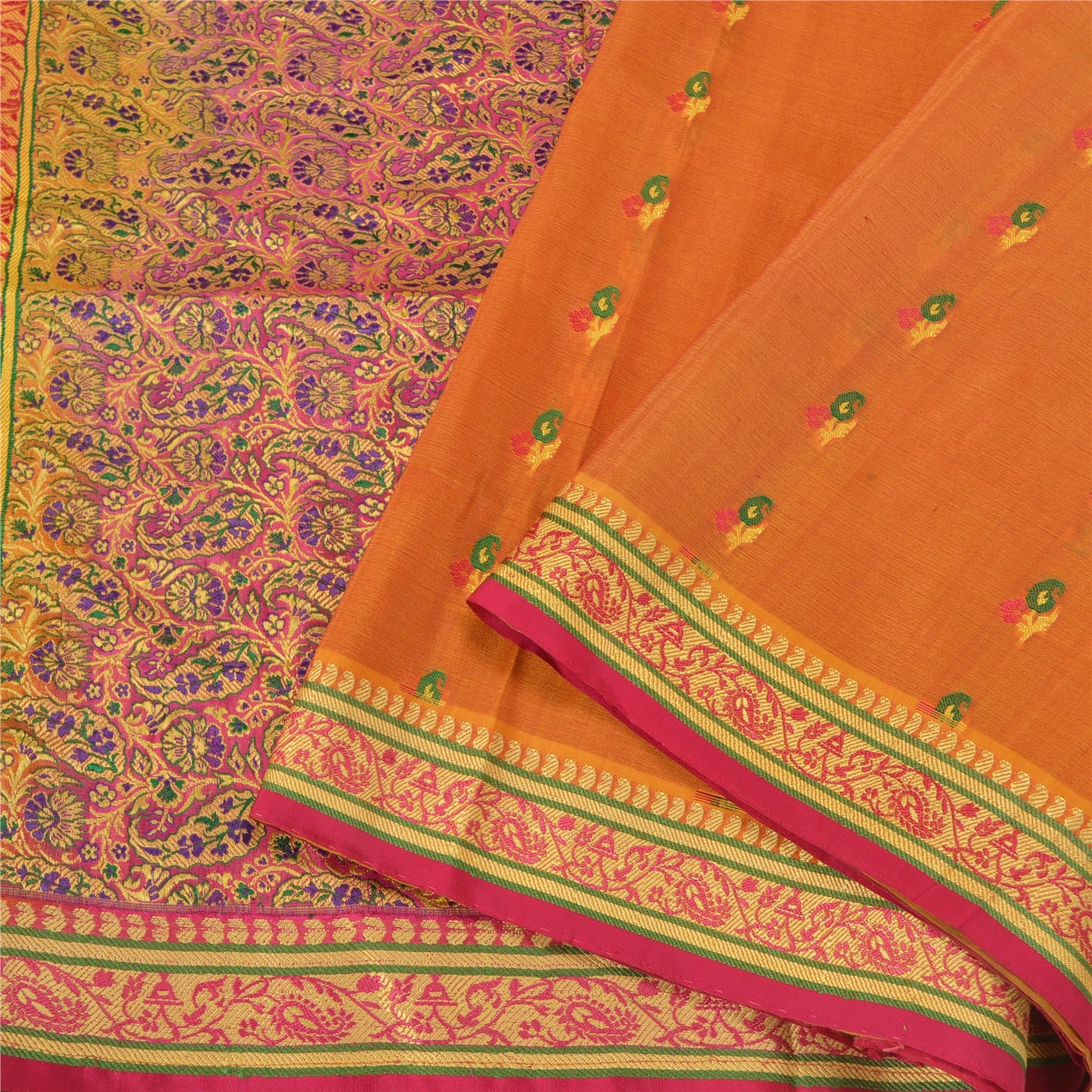 Sanskriti Vintage Saffron/Pink Sarees Pure Silk Woven Premium Sari 5 Yard Sustainable Fabric