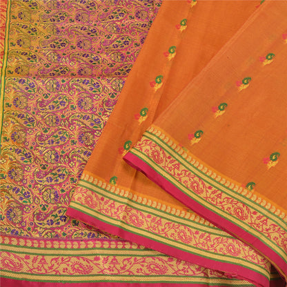 Sanskriti Vintage Saffron/Pink Sarees Pure Silk Woven Premium Sari 5 Yard Sustainable Fabric
